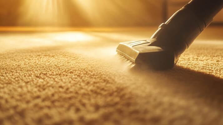 A person gently vacuuming a beautiful, patterned rug in a sunlit room.
