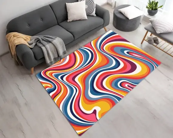 A vibrant, colorful rug with abstract, painterly strokes