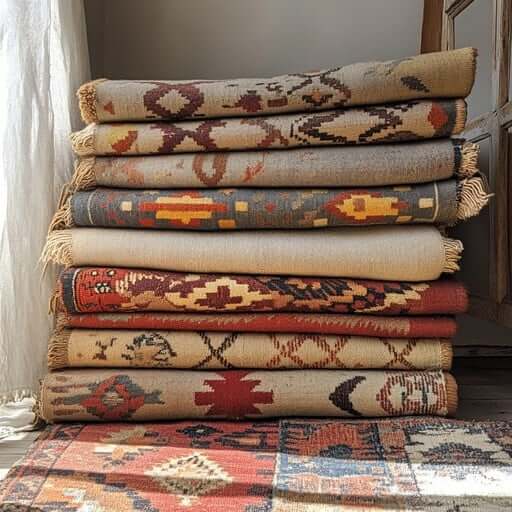 A stack of beautifully folded, handcrafted rugs showcasing a variety of textures and colors.